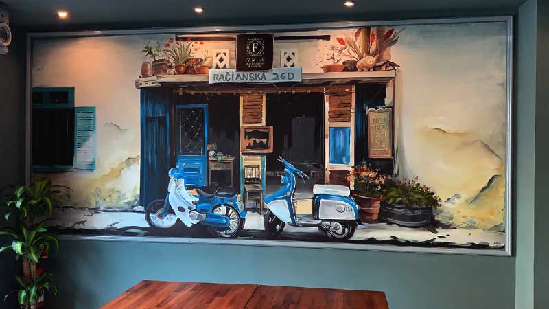 Umělecká malba na zeď restaurace, nástěnná malba, Labart