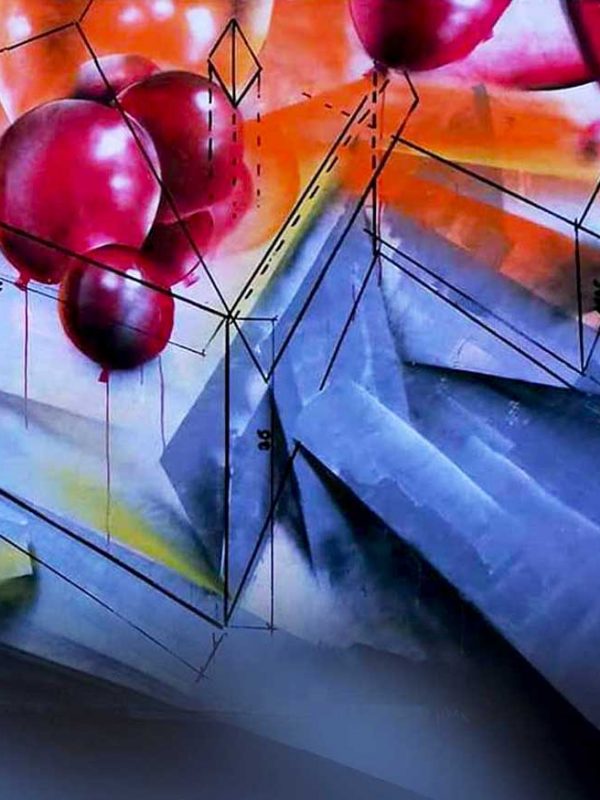 Graffiti mural art na exteriérové zdi, zobrazující abstraktní design s kombinací geometrických tvarů a červených balónků